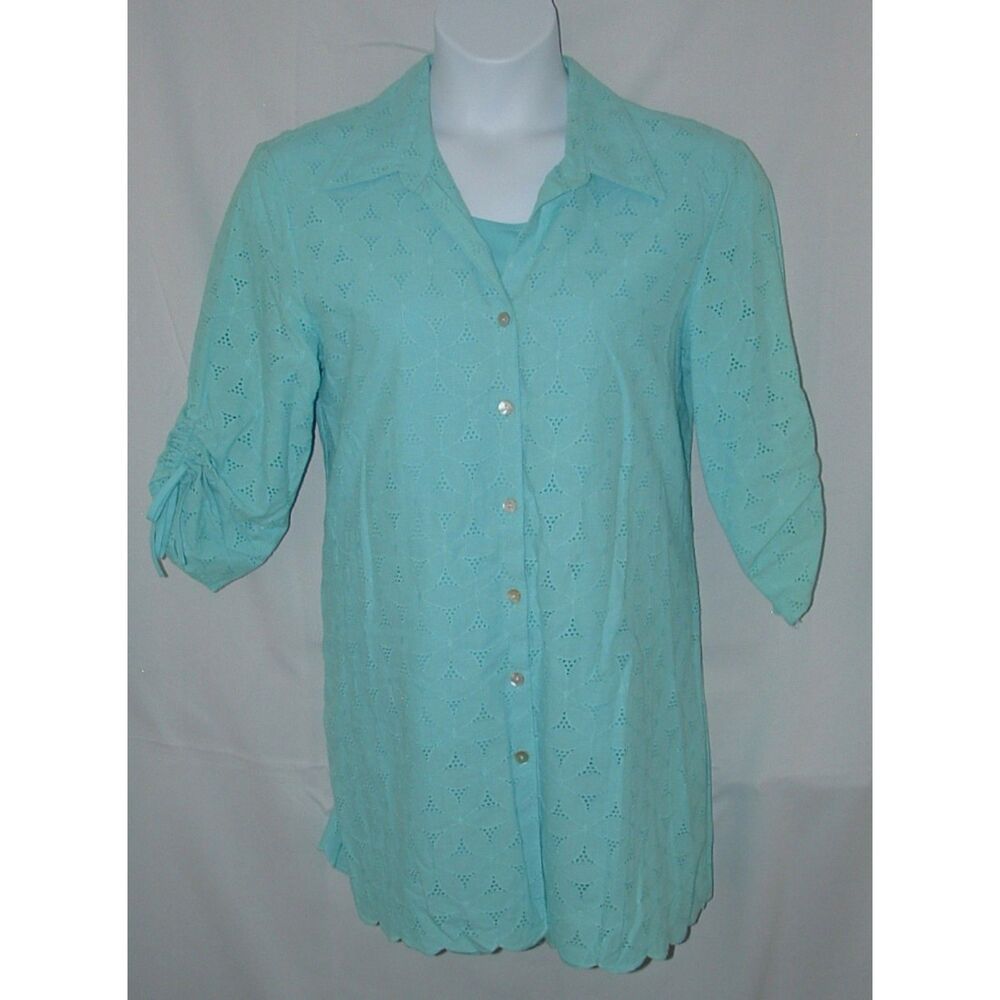 SUSAN GRAVER Blue Sz Large Stretchy Cami & Button Up Eyelet Tunic Shirt 2 pc Set